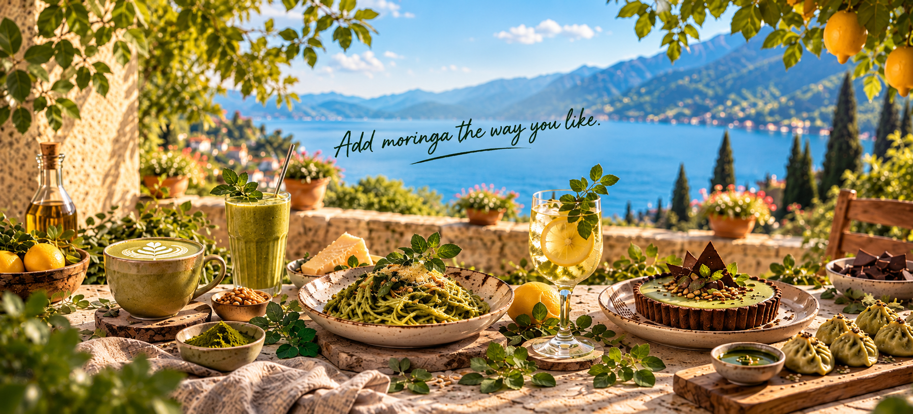 Add moringa the way you like: latte, smoothie, pasta, cooler, dessert and dumplings by the lake.